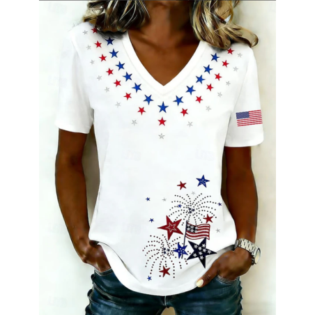 Women America Flag Short Sleeve Tee T-shirt V Neck Casual Summer Top