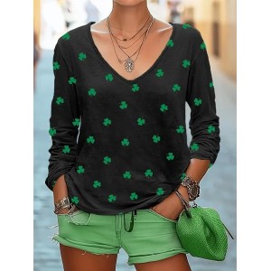 Women's Shamrock Long Sleeve Tee T-shirt V Neck Vintage Spring/Fall Top