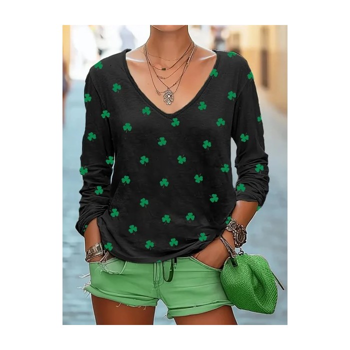 Women's Shamrock Long Sleeve Tee T-shirt V Neck Vintage Spring/Fall Top