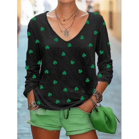 Women's Shamrock Long Sleeve Tee T-shirt V Neck Vintage Spring/Fall Top