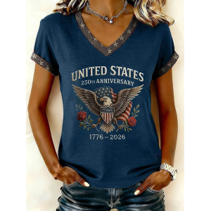 Women Text Letters Short Sleeve Tee T-shirt V Neck Printing Vintage Summer Top