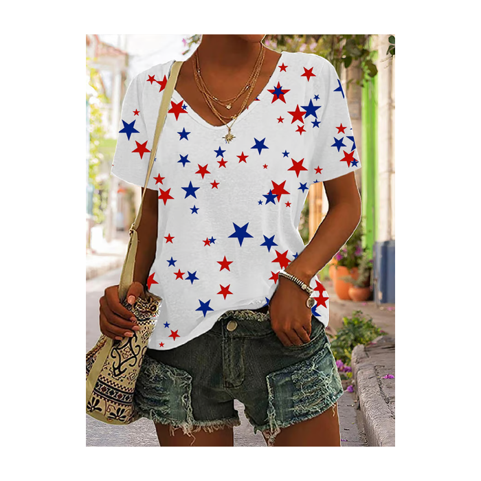 Women Star Short Sleeve Tee T-shirt V Neck Printing Casual Graphic Tee Summer Top