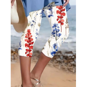 Women Floral Capris Elastic Waist Pants Casual Summer Trousers