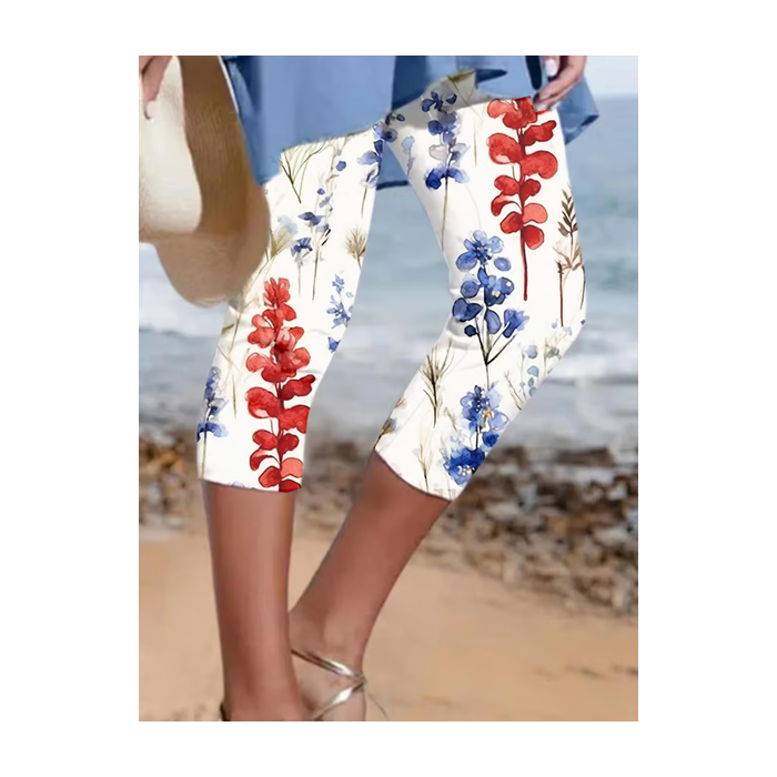 Women Floral Capris Elastic Waist Pants Casual Summer Trousers