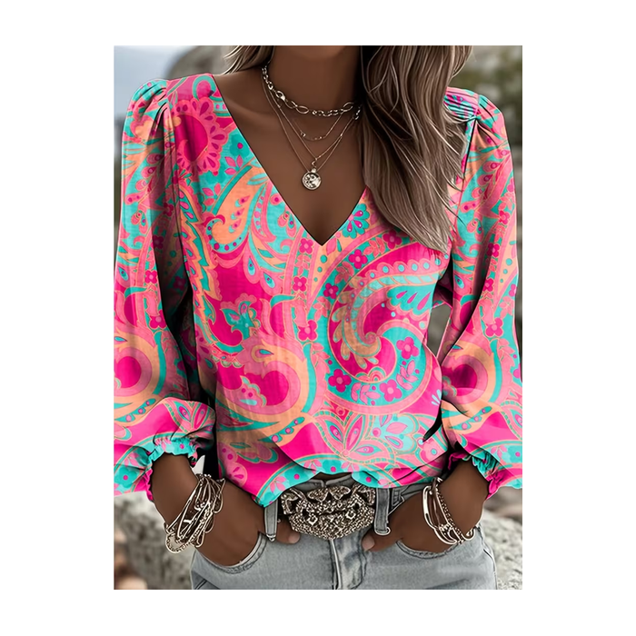 Women Floral V Neck Long Sleeve Blouse Printing Casual Daily Spring/Fall Top