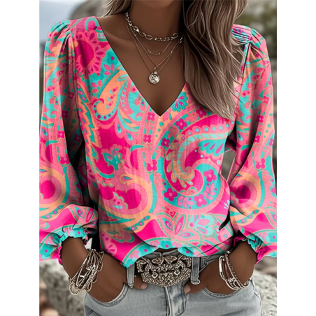 Women Floral V Neck Long Sleeve Blouse Printing Casual Daily Spring/Fall Top