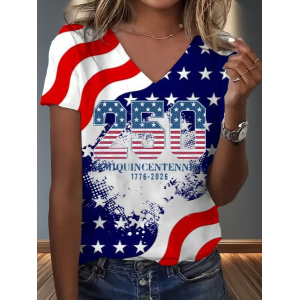 Women Text Letters Short Sleeve Tee T-shirt V Neck Printing Vintage Summer Top