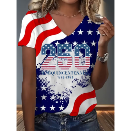 Women Text Letters Short Sleeve Tee T-shirt V Neck Printing Vintage Summer Top