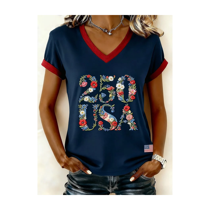 Women Floral Short Sleeve Tee T-shirt V Neck Printing Vintage Summer Top