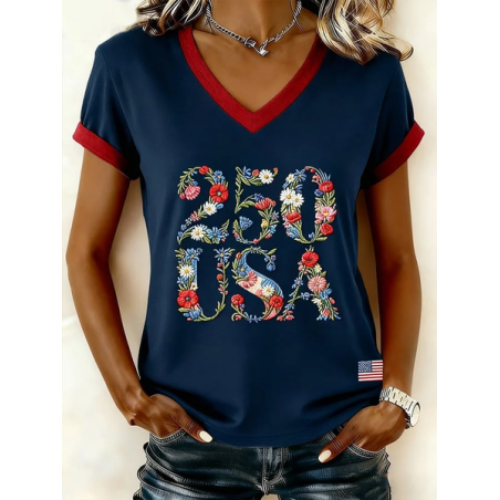 Women Floral Short Sleeve Tee T-shirt V Neck Printing Vintage Summer Top