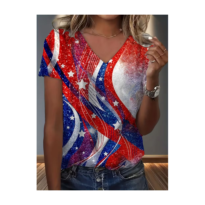 Women Star Short Sleeve Tee T-shirt V Neck Printing Vintage Summer Top