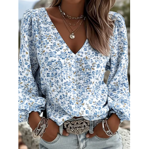 Women Floral V Neck Long Sleeve Blouse Printing Casual Daily Spring/Fall Top
