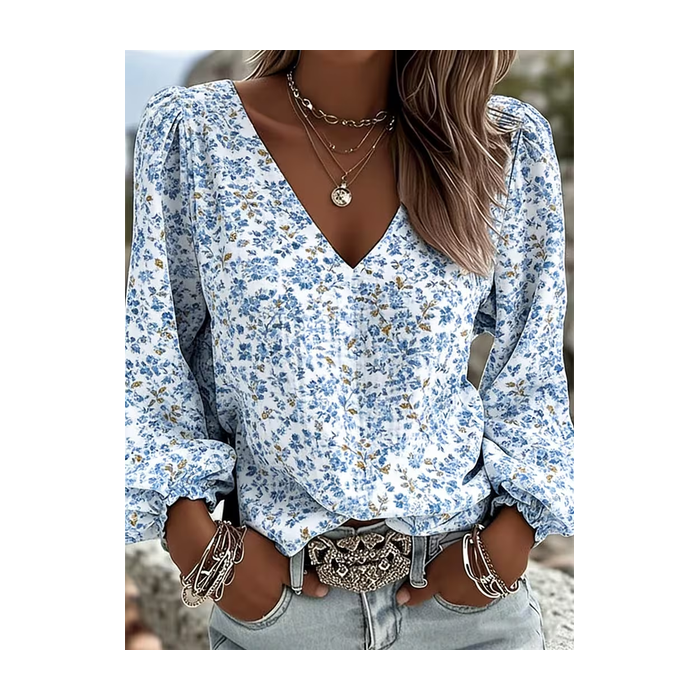 Women Floral V Neck Long Sleeve Blouse Printing Casual Daily Spring/Fall Top