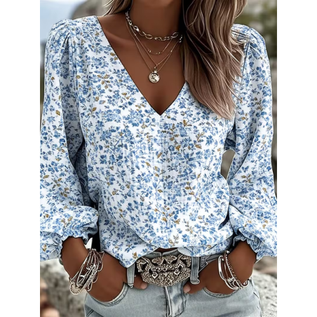 Women Floral V Neck Long Sleeve Blouse Printing Casual Daily Spring/Fall Top