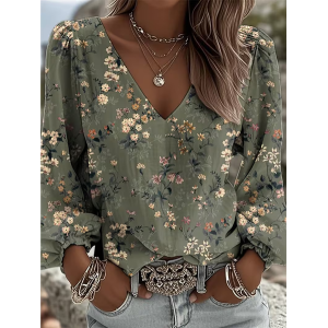 Women Floral V Neck Long Sleeve Blouse Printing Casual Daily Spring/Fall Top