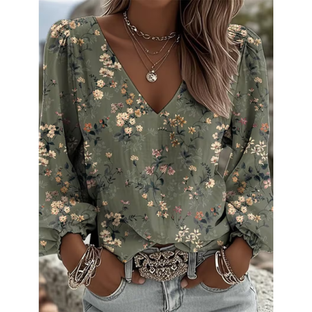 Women Floral V Neck Long Sleeve Blouse Printing Casual Daily Spring/Fall Top