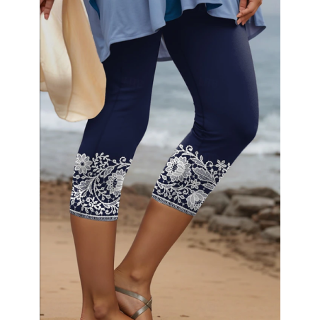 Women Floral Capris Elastic Waist Pants Casual Summer Trousers