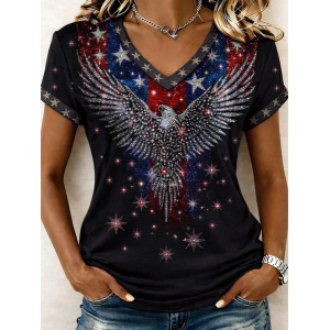 Women Star Short Sleeve Tee T-shirt V Neck Printing Vintage Summer Top