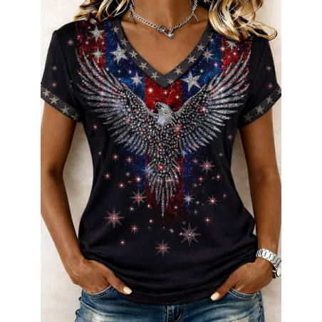 Women Star Short Sleeve Tee T-shirt V Neck Printing Vintage Summer Top