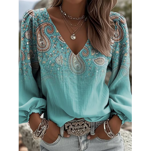 Women Floral V Neck Long Sleeve Blouse Printing Casual Daily Spring/Fall Top