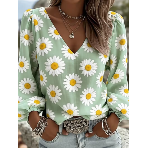 Women Floral V Neck Long Sleeve Blouse Printing Casual Daily Spring/Fall Top