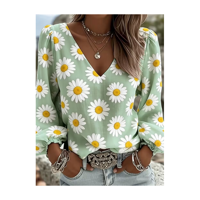 Women Floral V Neck Long Sleeve Blouse Printing Casual Daily Spring/Fall Top