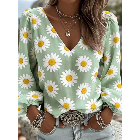 Women Floral V Neck Long Sleeve Blouse Printing Casual Daily Spring/Fall Top