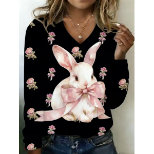 Women Floral Long Sleeve Tee T-shirt V Neck Printing Casual Graphic Tee Spring/Fall Top