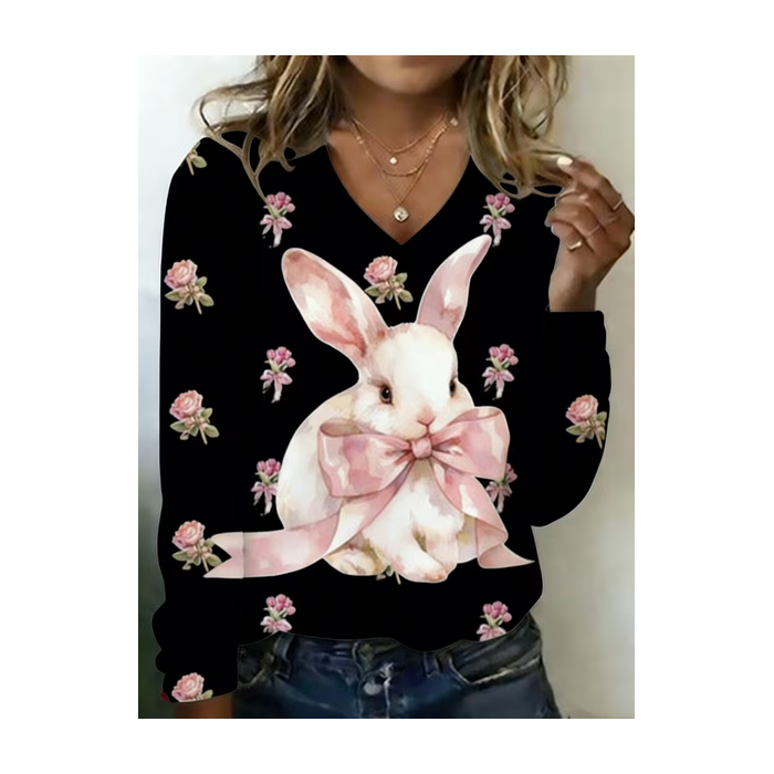 Women Floral Long Sleeve Tee T-shirt V Neck Printing Casual Graphic Tee Spring/Fall Top