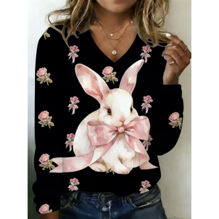 Women Floral Long Sleeve Tee T-shirt V Neck Printing Casual Graphic Tee Spring/Fall Top