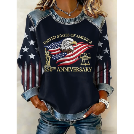 Women America Flag Crew Neck Printing Vintage Spring/Fall Long Sleeve Sweatshirt