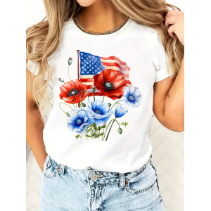 Women Floral Short Sleeve Tee T-shirt Crew Neck Printing Casual Graphic Tee Summer Top
