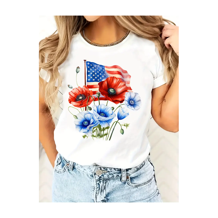 Women Floral Short Sleeve Tee T-shirt Crew Neck Printing Casual Graphic Tee Summer Top