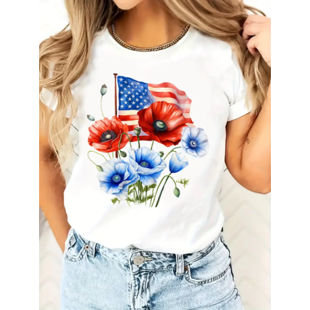 Women Floral Short Sleeve Tee T-shirt Crew Neck Printing Casual Graphic Tee Summer Top