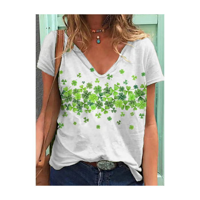 Women's Shamrock Short Sleeve Tee T-shirt V Neck Floral Casual Summer Graphic Tee Top