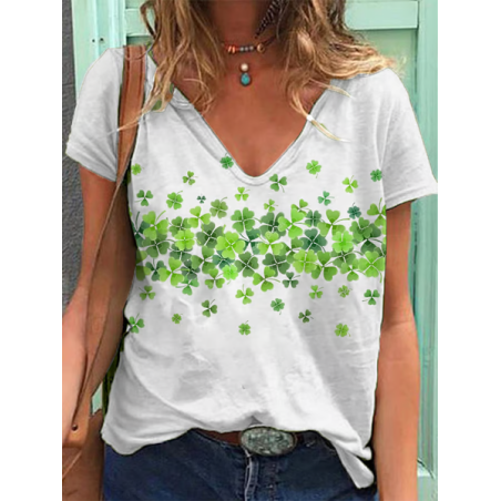 Women's Shamrock Short Sleeve Tee T-shirt V Neck Floral Casual Summer Graphic Tee Top