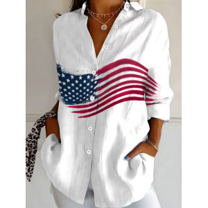 Women America Flag Shirt Collar Long Sleeve Shirt Buckle Regular Sleeve Casual Daily Spring/Fall Top