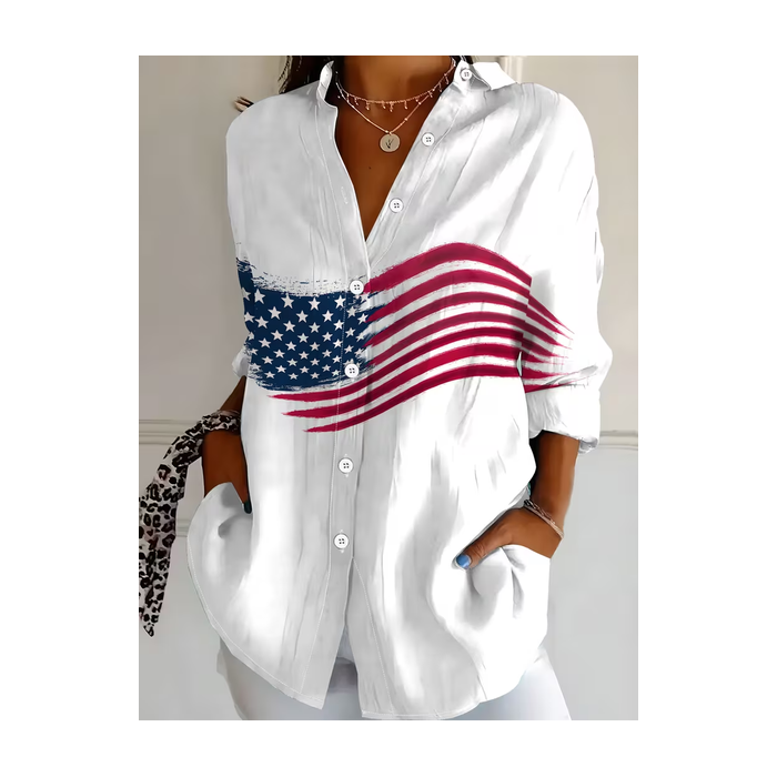 Women America Flag Shirt Collar Long Sleeve Shirt Buckle Regular Sleeve Casual Daily Spring/Fall Top