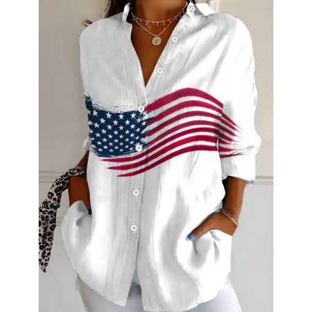 Women America Flag Shirt Collar Long Sleeve Shirt Buckle Regular Sleeve Casual Daily Spring/Fall Top