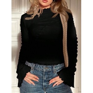 Women Plain Long Sleeve Tee T-shirt Mock Neck Split Joint Casual Spring/Fall Top