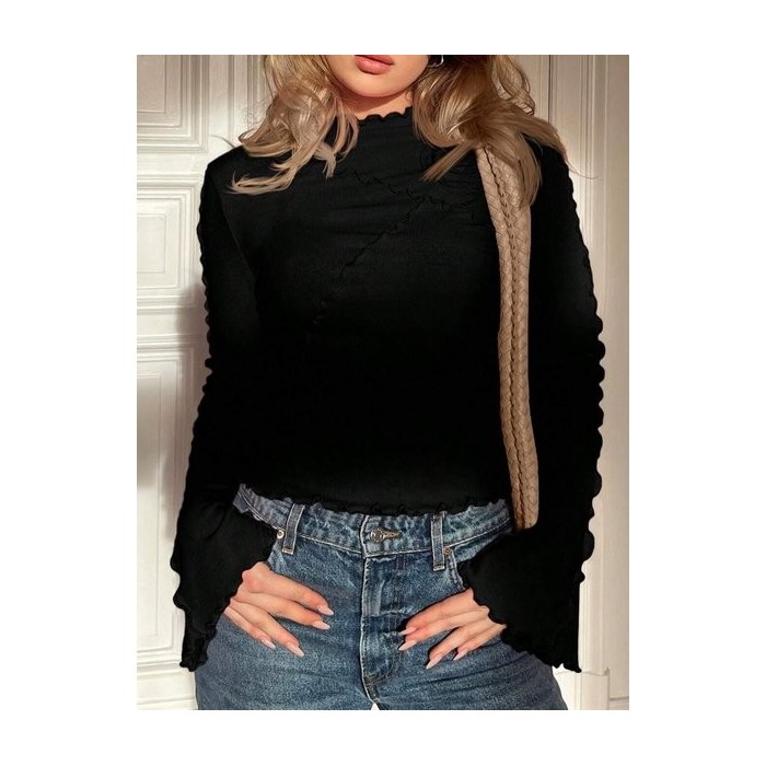 Women Plain Long Sleeve Tee T-shirt Mock Neck Split Joint Casual Spring/Fall Top