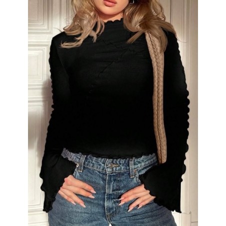 Women Plain Long Sleeve Tee T-shirt Mock Neck Split Joint Casual Spring/Fall Top