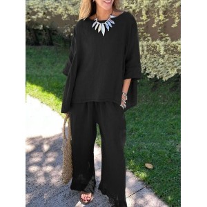 Women Plain Split Joint Two-Piece Set Daily Half Sleeve Casual Summer Top With Pants Matching Set