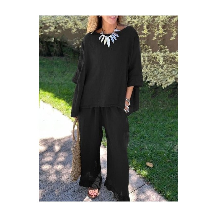 Women Plain Split Joint Two-Piece Set Daily Half Sleeve Casual Summer Top With Pants Matching Set