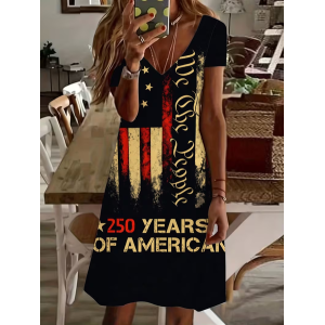 Women America Flag Short Sleeve V Neck Dress Daily Casual Midi Fit & Flare Dress A-Line Summer Dress