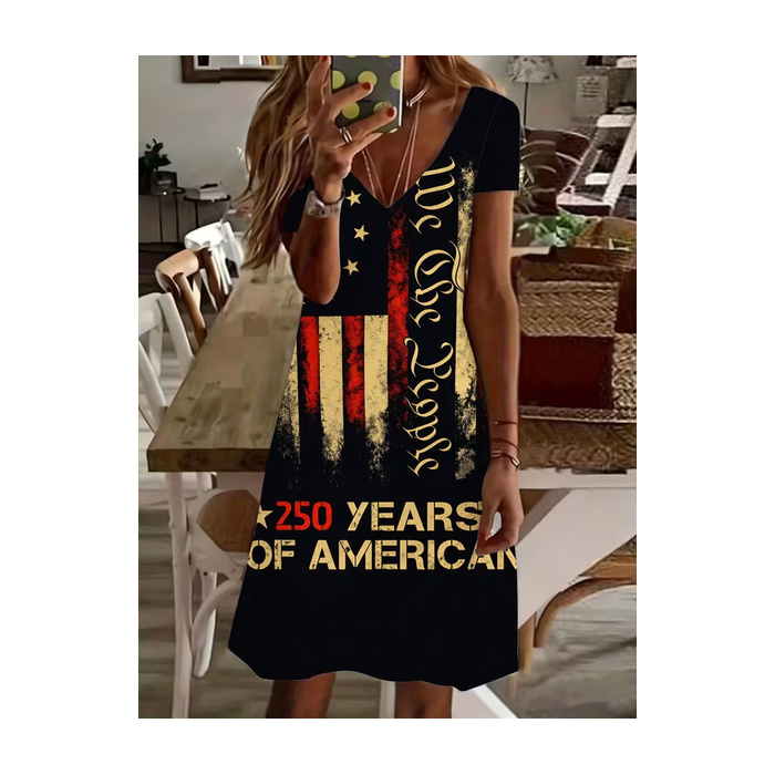 Women America Flag Short Sleeve V Neck Dress Daily Casual Midi Fit & Flare Dress A-Line Summer Dress