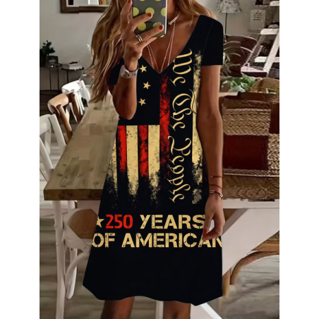 Women America Flag Short Sleeve V Neck Dress Daily Casual Midi Fit & Flare Dress A-Line Summer Dress