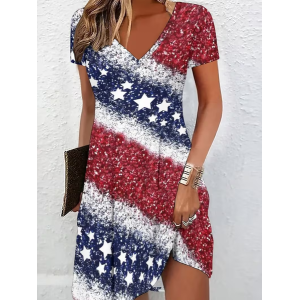 Women America Flag Short Sleeve V Neck Dress Daily Casual Midi Fit & Flare Dress A-Line Summer Dress