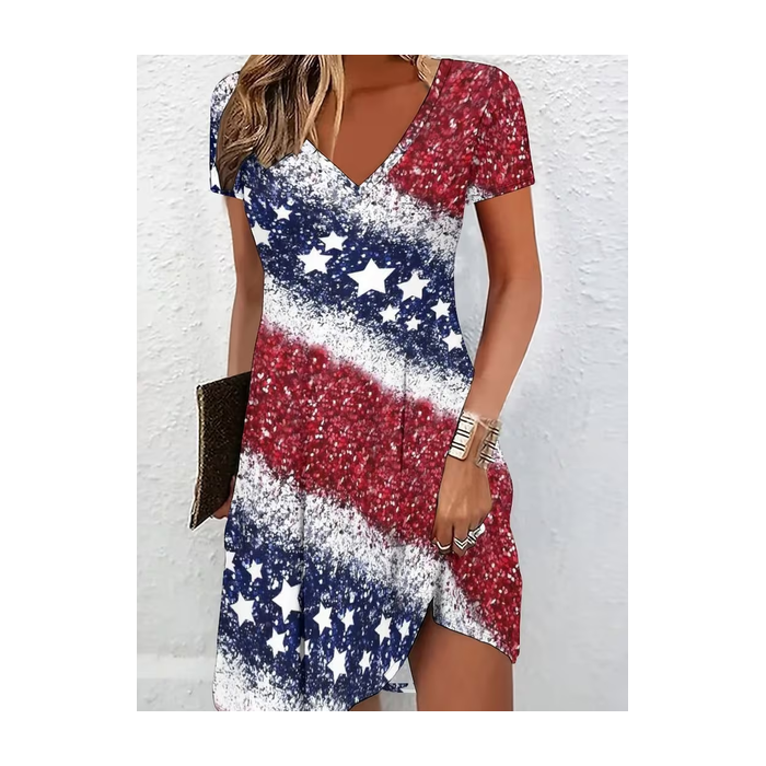 Women America Flag Short Sleeve V Neck Dress Daily Casual Midi Fit & Flare Dress A-Line Summer Dress