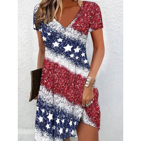 Women America Flag Short Sleeve V Neck Dress Daily Casual Midi Fit & Flare Dress A-Line Summer Dress
